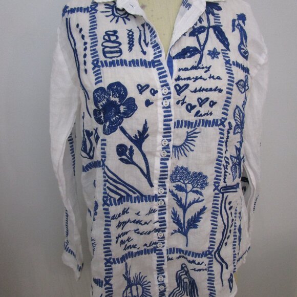 Embroidered Classic Shirt White Ramie Royal Blue - Picture 3 of 14